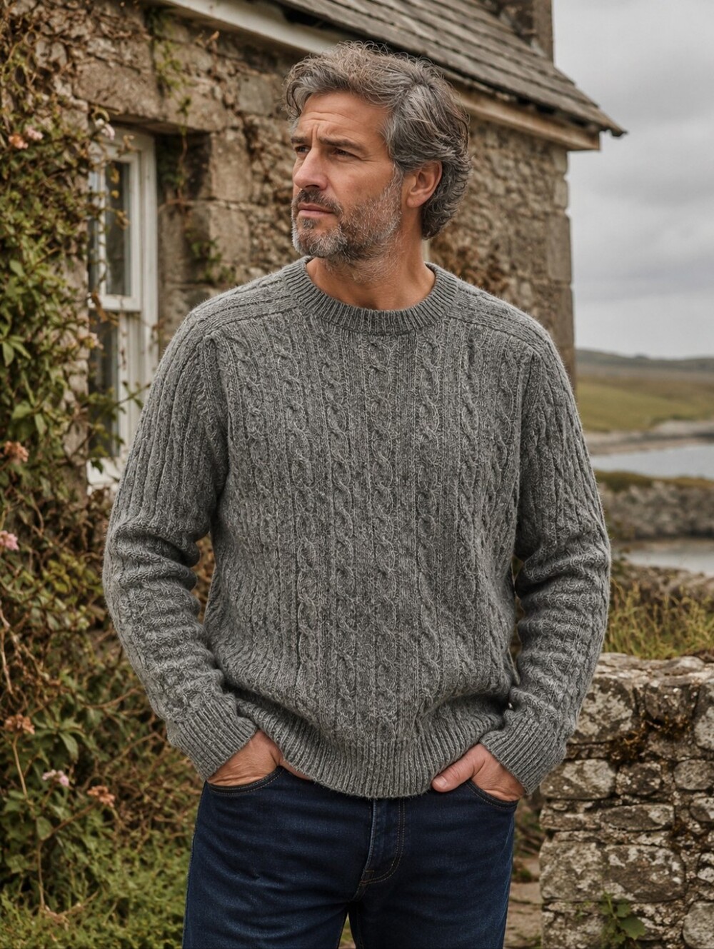 Bowen & Wright 100% Shetland Wool Cable Knit Sweater Grey Men's L